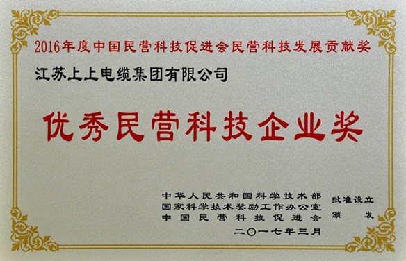 上上電纜榮獲優秀民營科技企業獎